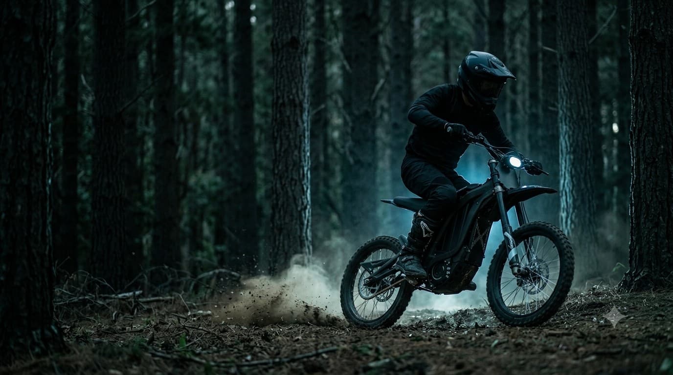 Rider on an electric dirt bike kicking up dust on a forest trail