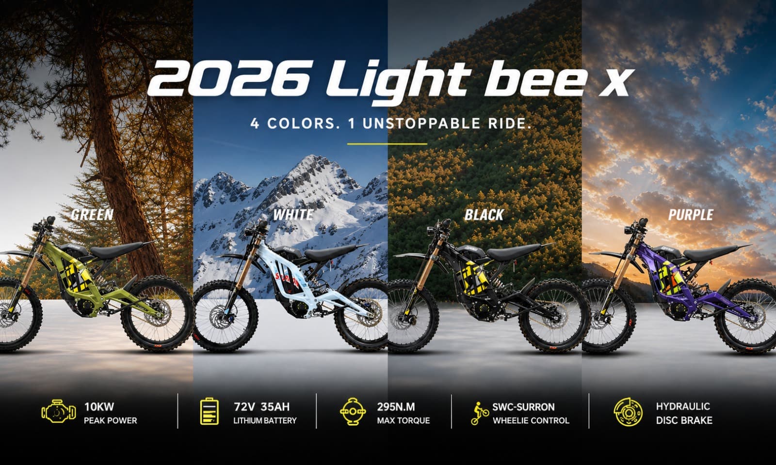 2026 Light Bee X in four colorways: green, white, black and purple, with specs — 10kW peak power, 72V 35Ah lithium battery, 295N.m max torque, SWC-Surron wheelie control, hydraulic disc brake